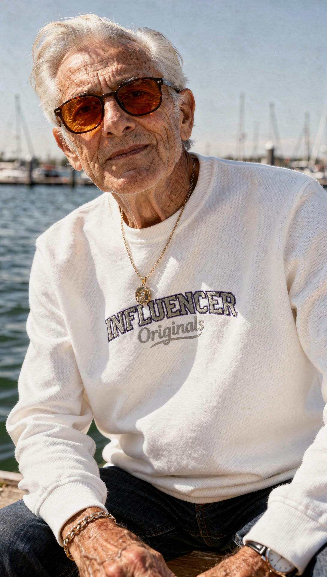 Man wearing a white sweatshirt with 'INFLUENCER Originals' text by a waterfront.