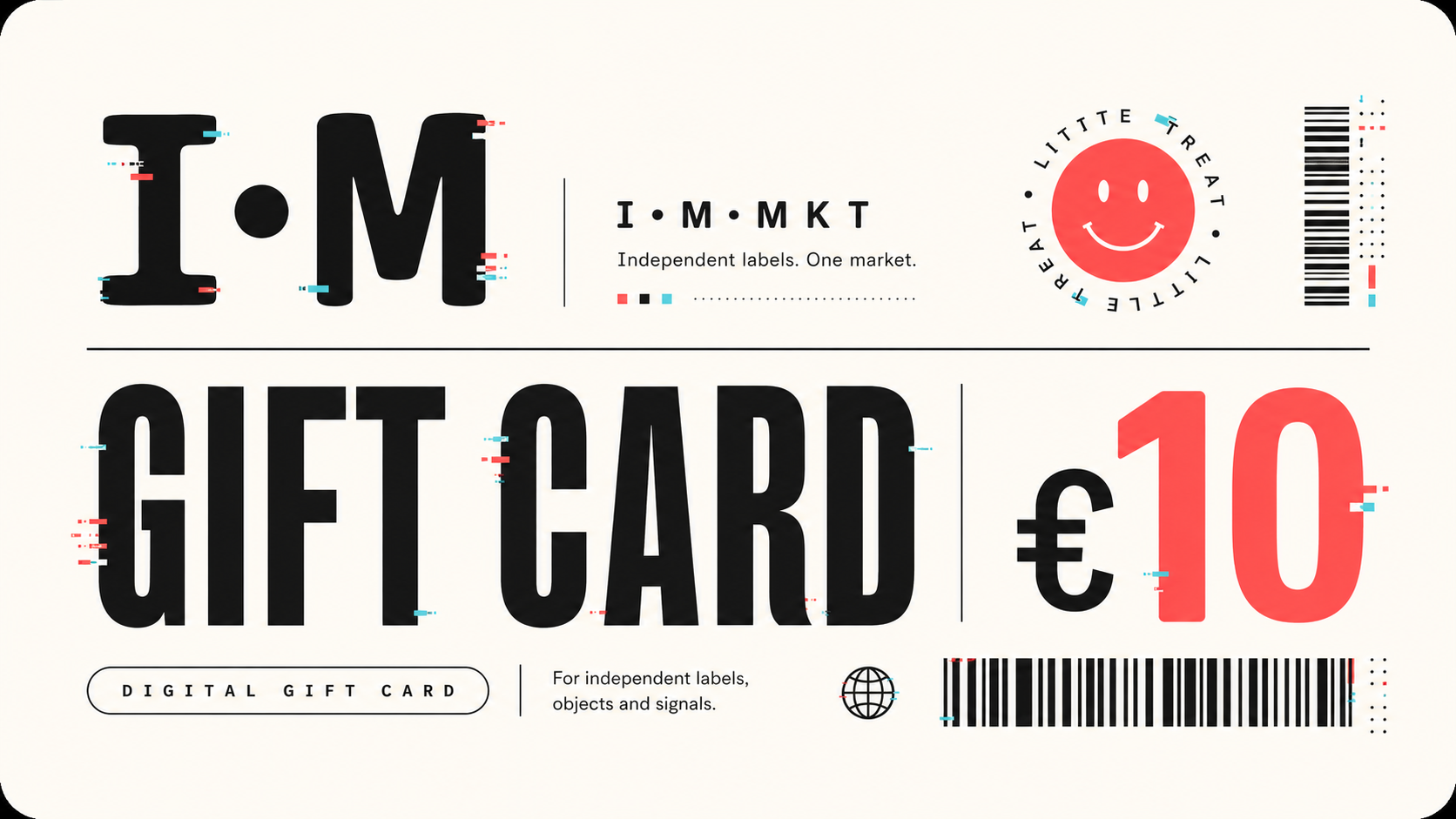 Gift card with 'I.M' branding and a value of €10, featuring a smiley face logo.
