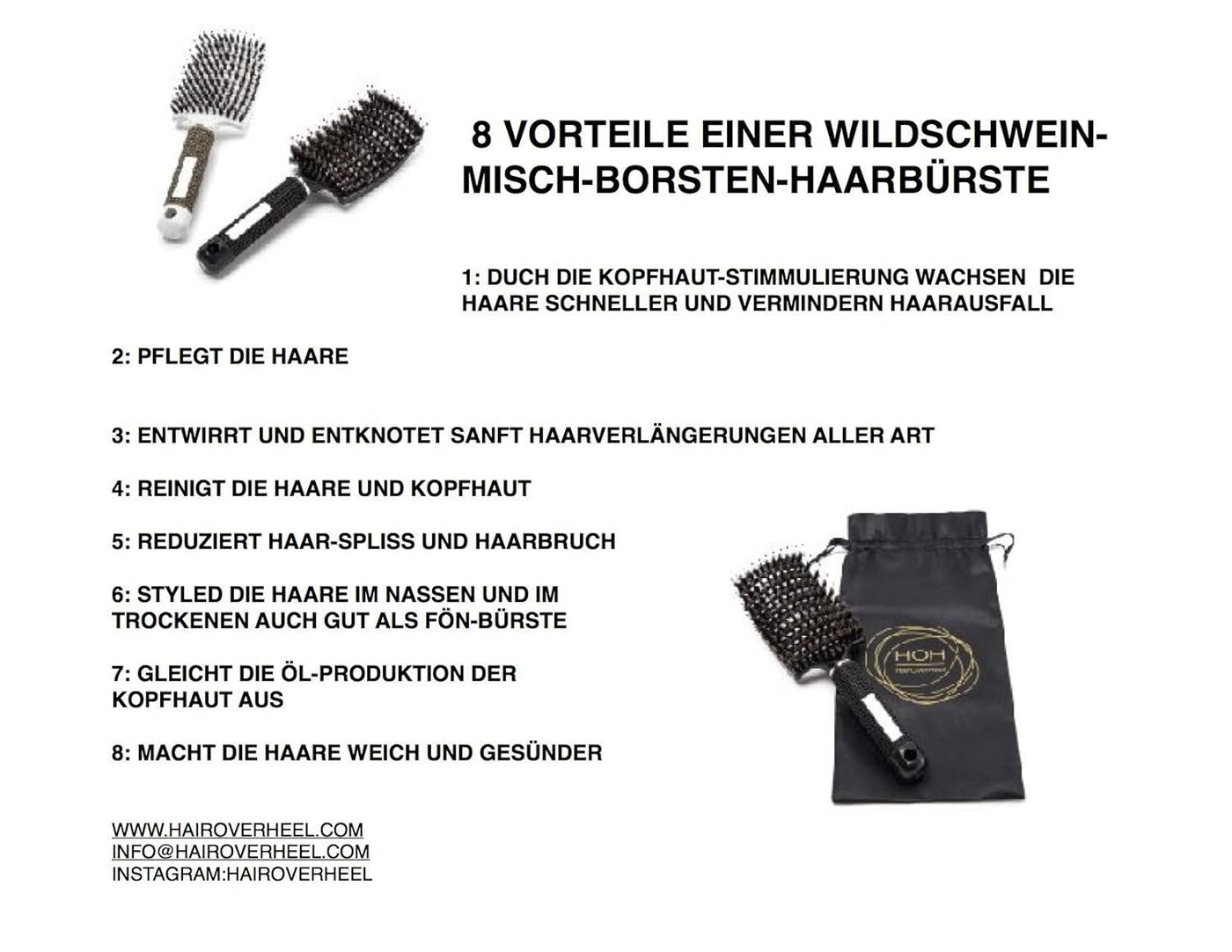Hairbrushes with text detailing benefits on a white background