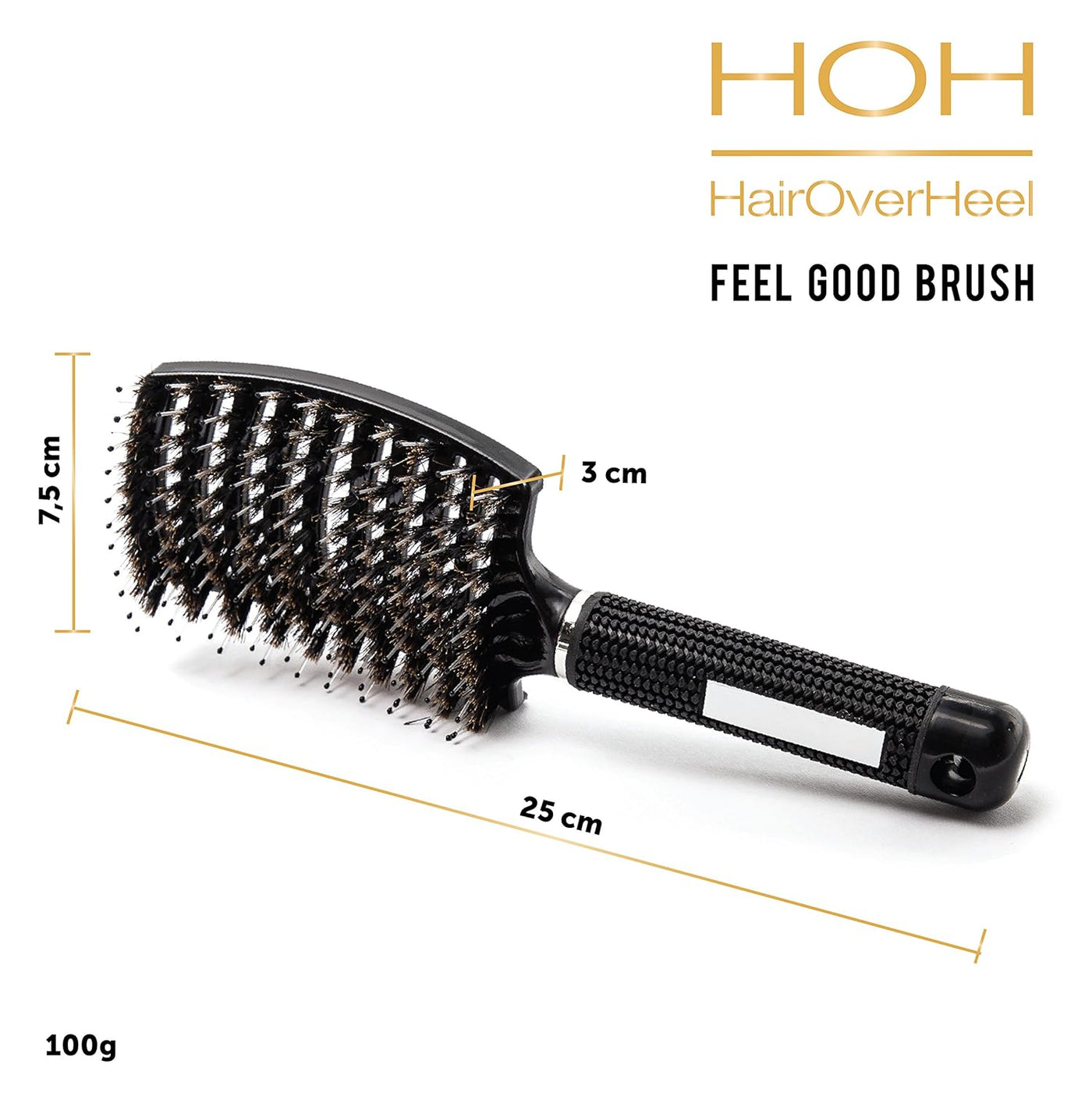 HairOverHeel Feel Good Brush with dimensions and weight on a white background