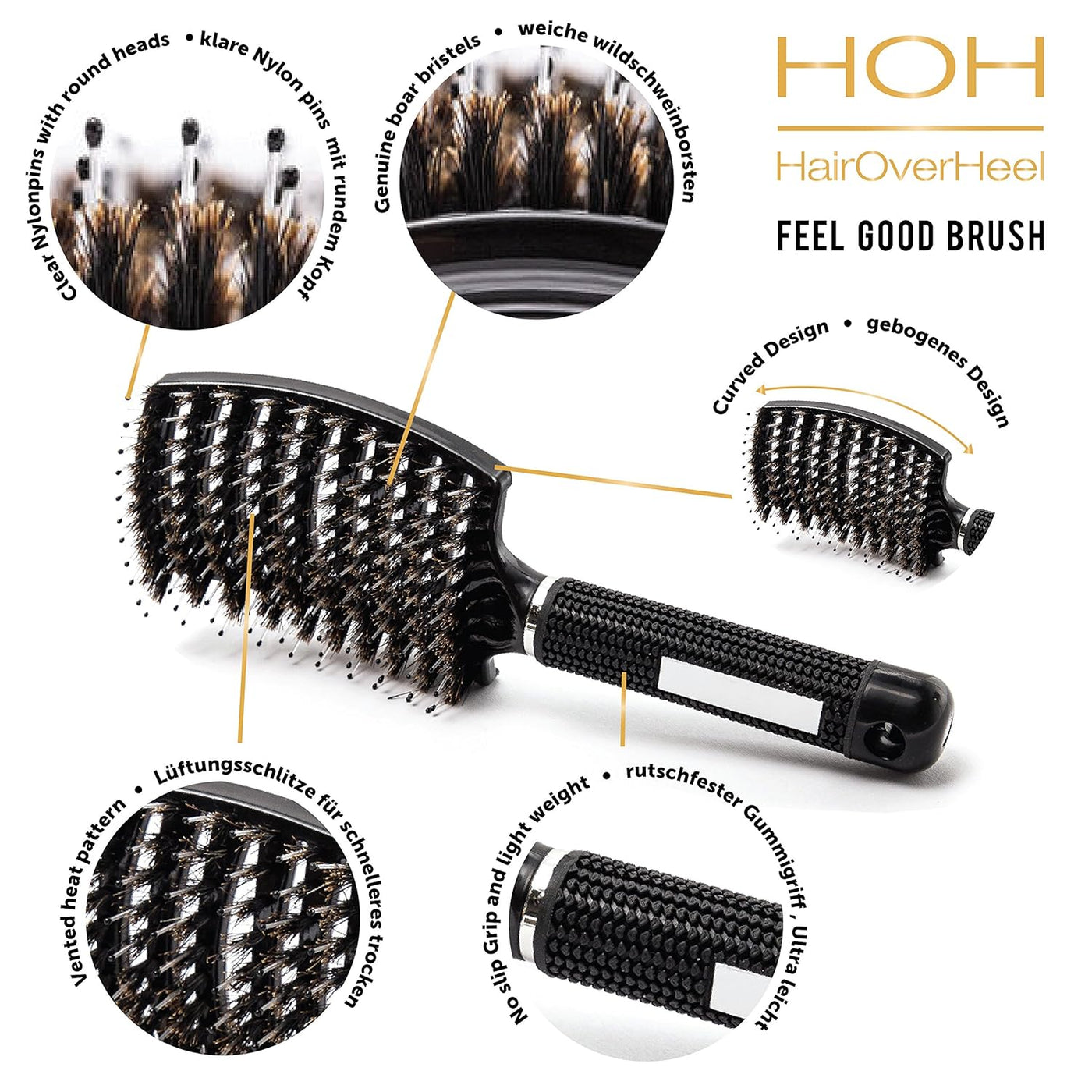 HairOverHeel Feel Good Brush with detailed features on a white background