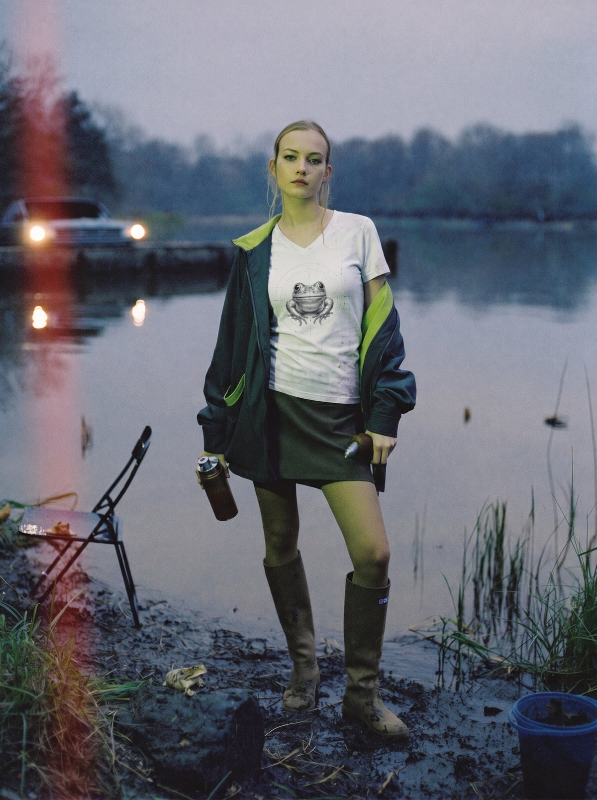 Person standing by a body of water with a blurred vehicle in the background
