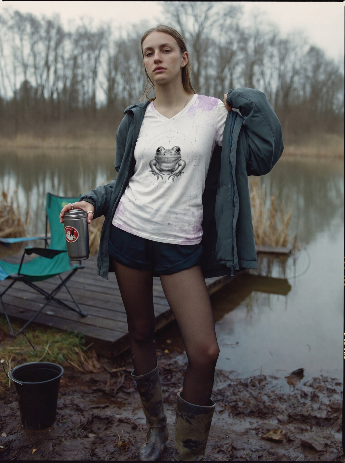 Woman standing by a lake holding a coffee cup, wearing a white t-shirt with a graphic design and dark shorts.