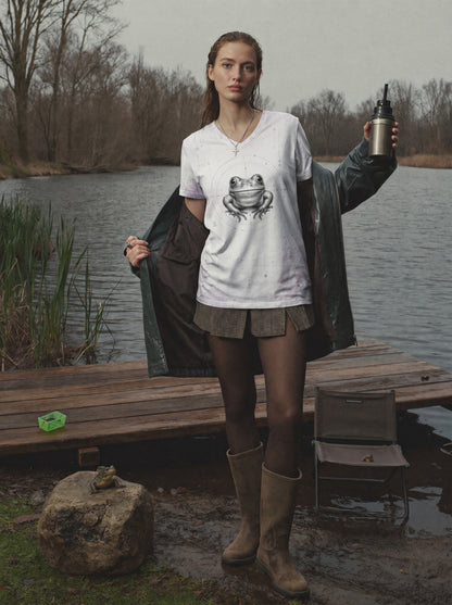 Woman standing by a lake holding a cup, wearing a shirt with a frog design.