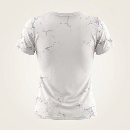 White t-shirt with marble pattern on a light gray background