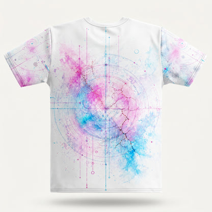 White t-shirt with a colorful abstract design on a white background