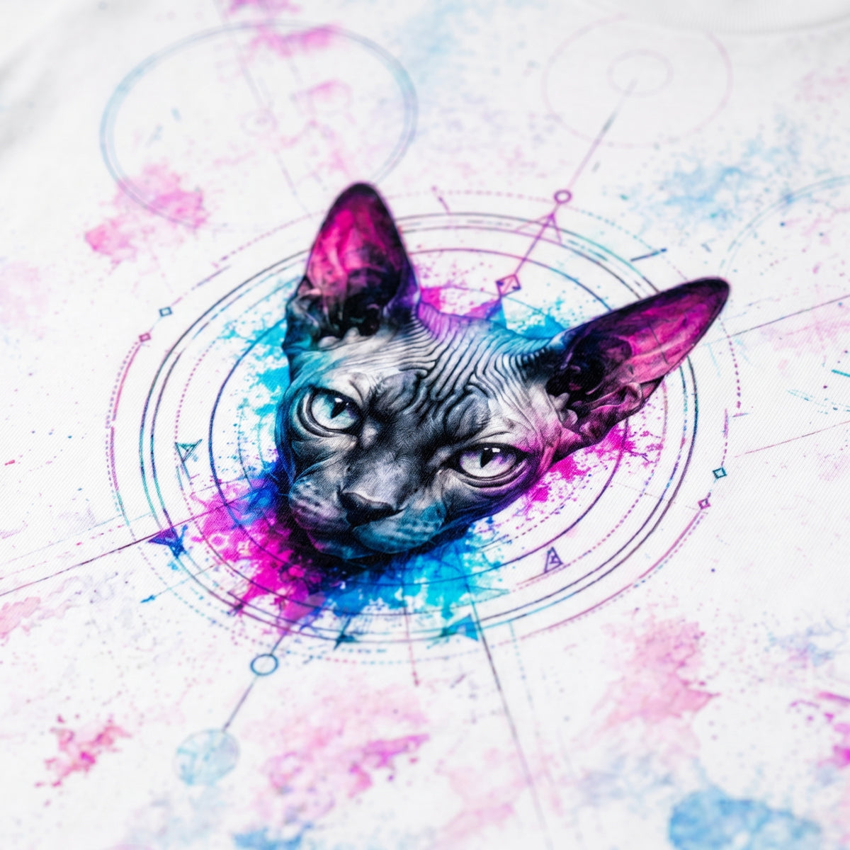 Sphynx cat with colorful abstract design on a white background