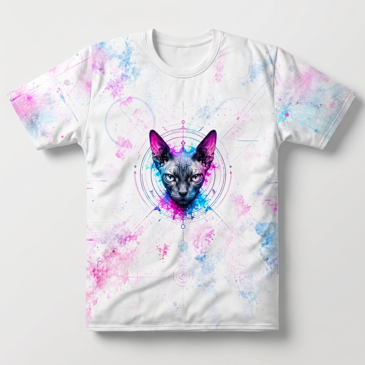 front view of SilverWEAR men’s Sphynx Cat T-shirt with neon cat head graphic and blue-pink glitch print