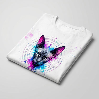 Folded white t-shirt with a colorful sphynx cat design on a light gray background