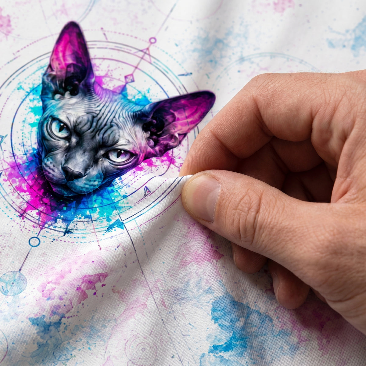 close front view of SilverWEAR men’s Sphynx Cat T-shirt with neon cat head graphic and blue-pink glitch print