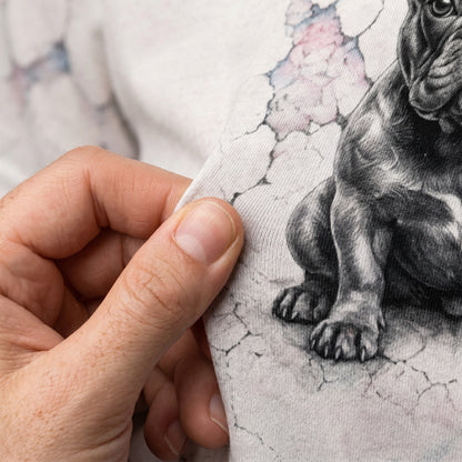 Hand holding a piece of fabric with a black and white dog illustration.