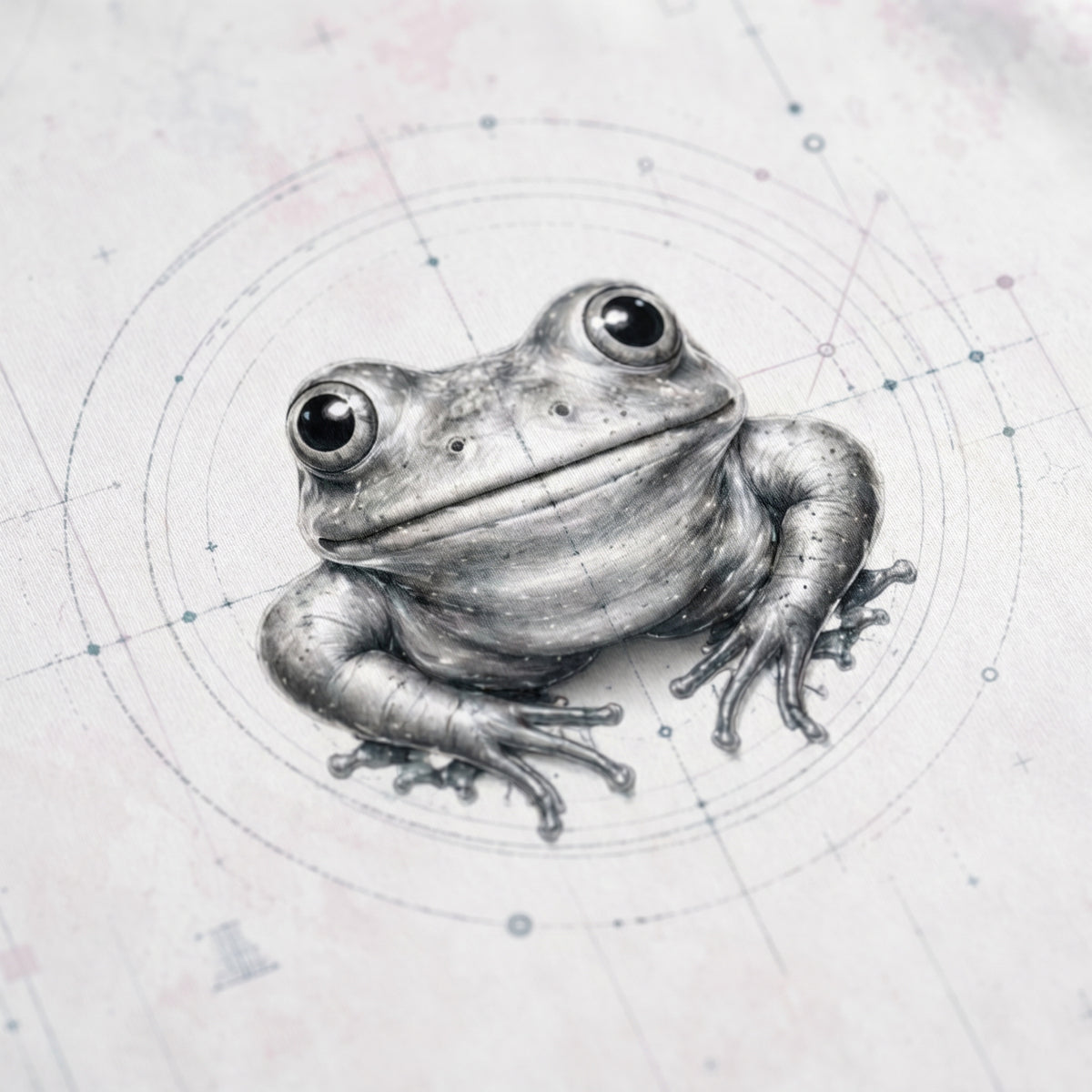 Detailed black and white drawing of a frog on a circular grid background