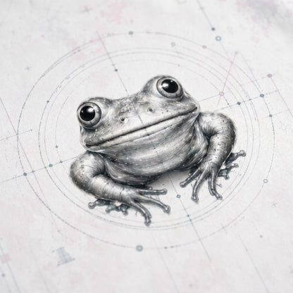 Detailed black and white drawing of a frog on a circular grid background
