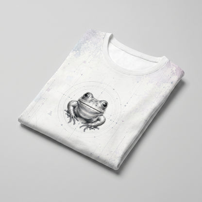 Folded white t-shirt with a frog graphic on a gray background