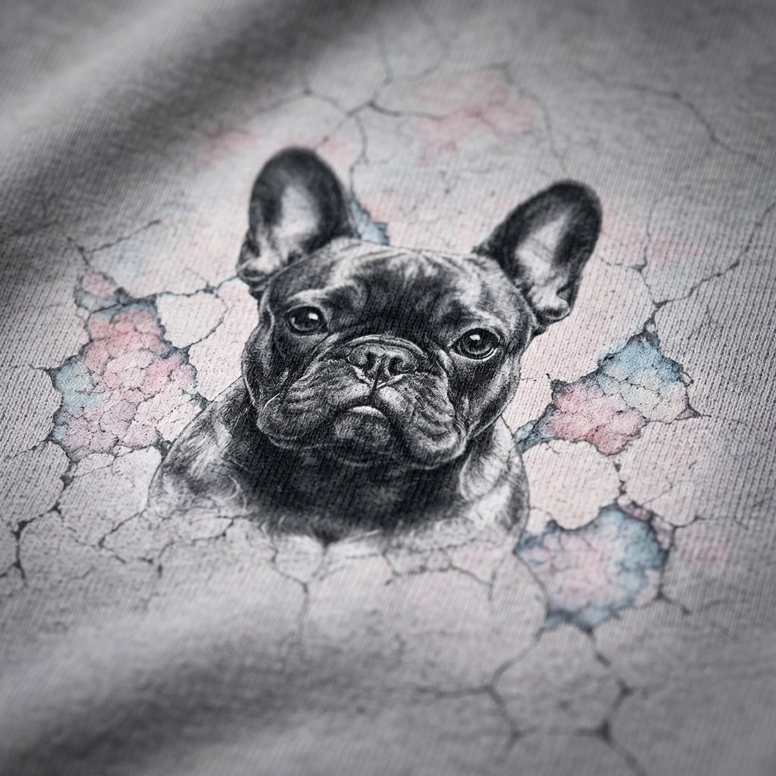 Black and white illustration of a dog on a textured surface with floral patterns