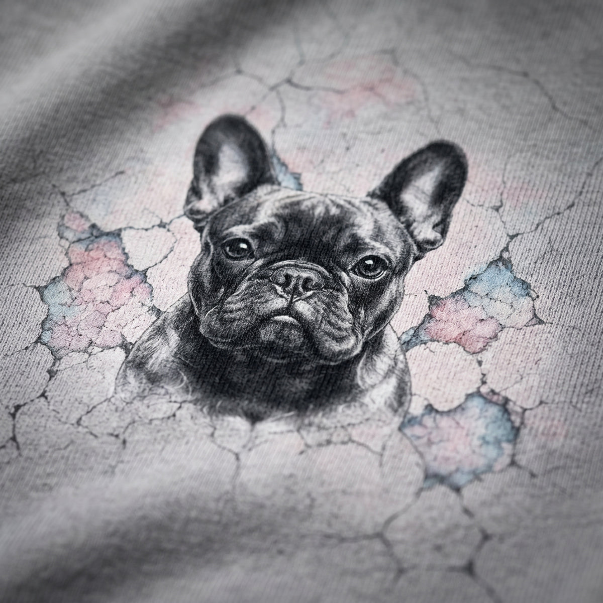 Black and white illustration of a dog on a textured surface with floral patterns