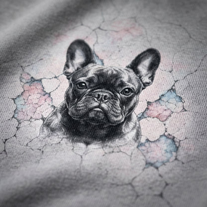 Black and white illustration of a dog on a textured surface with floral patterns