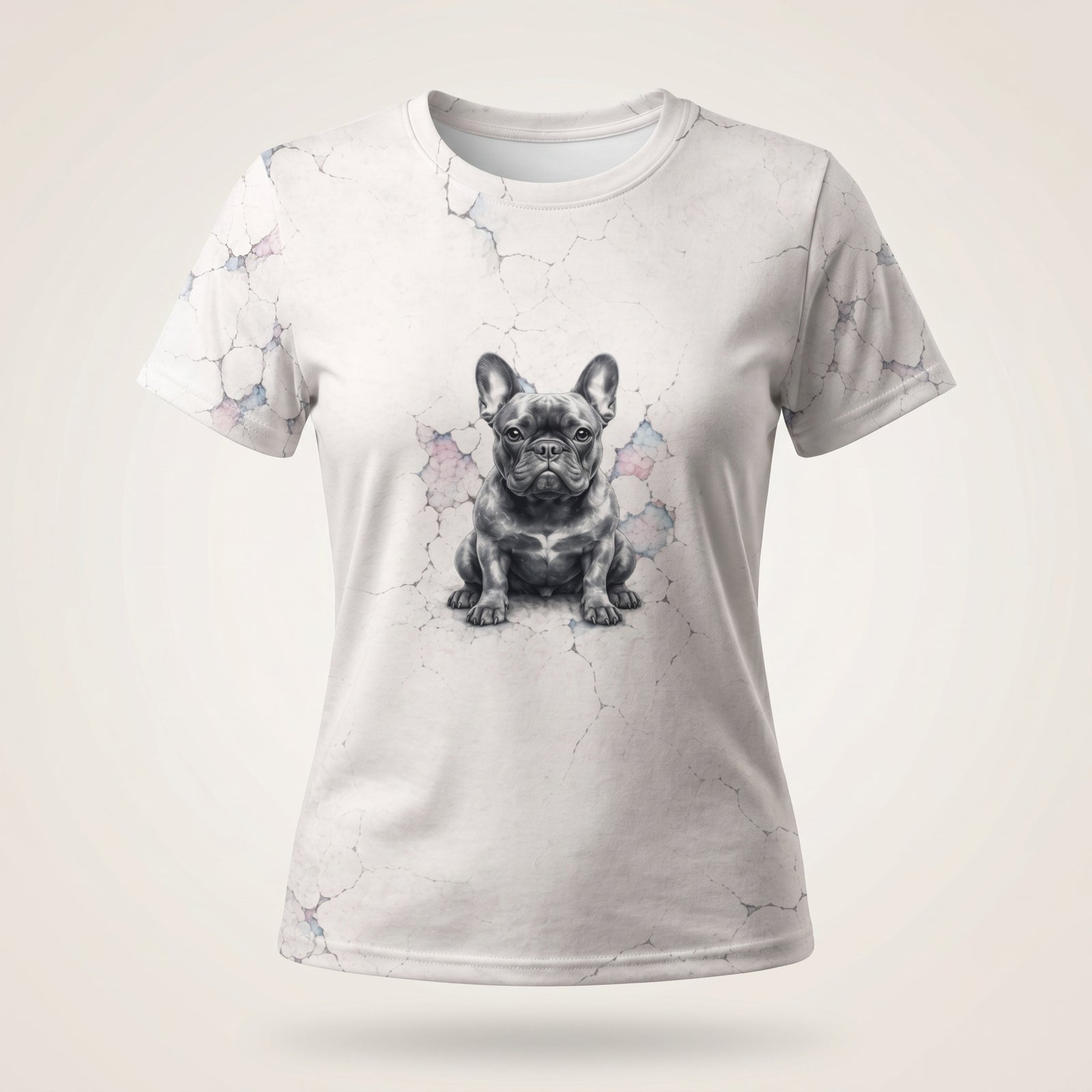 Puffed front view of SilverWEAR women’s French Dog T-shirt with bulldog graphic on a light cracked print background