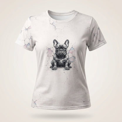 Puffed front view of SilverWEAR women’s French Dog T-shirt with bulldog graphic on a light cracked print background