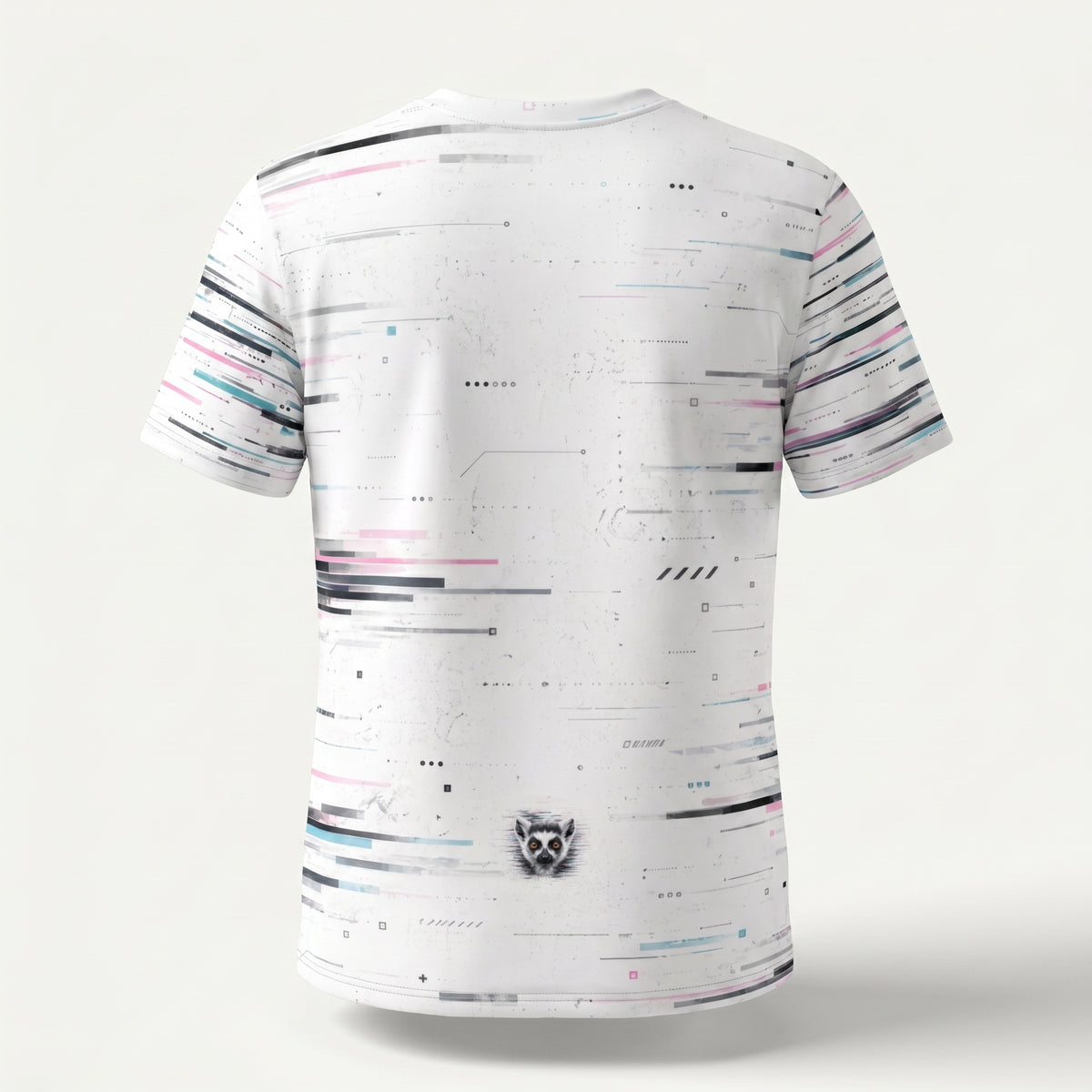 White t-shirt with colorful abstract pattern on a white background
