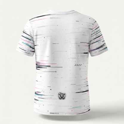 White t-shirt with colorful abstract pattern on a white background