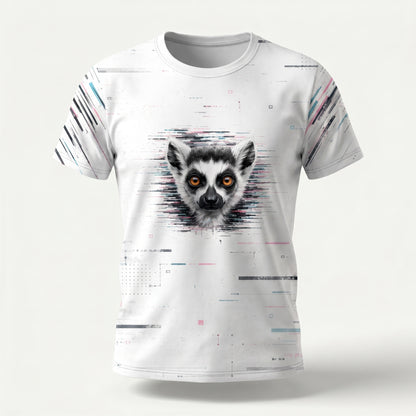 Puffed front view of SilverWEAR men’s Lemur T-shirt with lemur face graphic, orange eyes and light signal-grid print