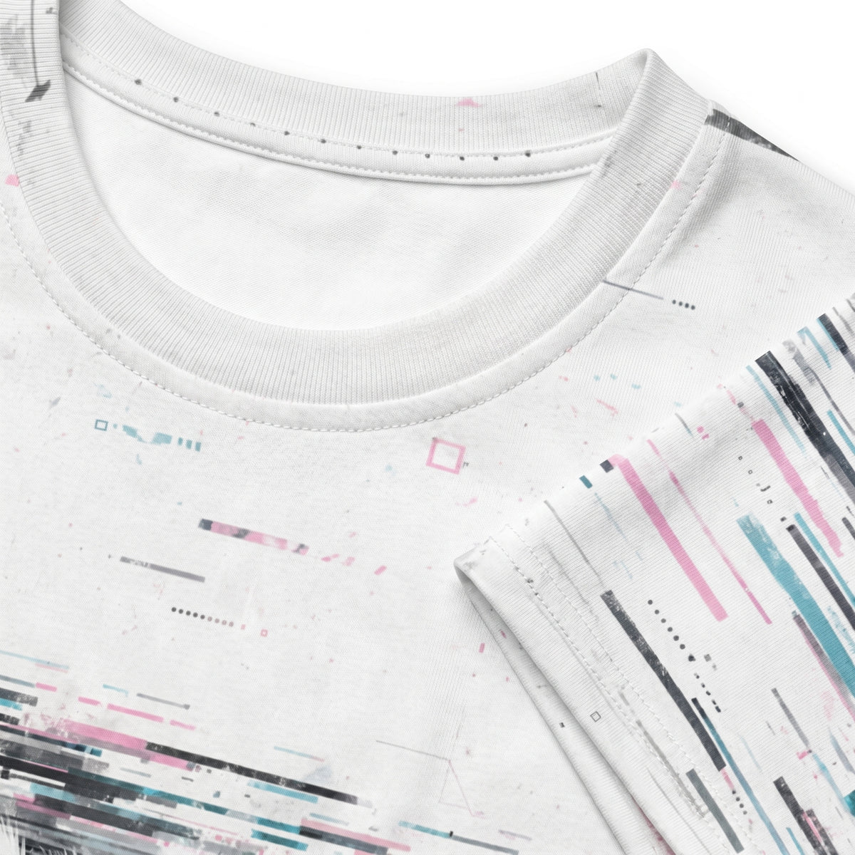 Close-up of a white shirt with colorful geometric pattern on a white background