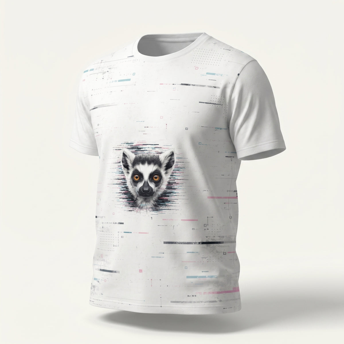 White t-shirt with a lemur graphic on a white background
