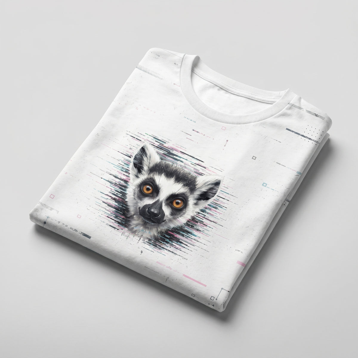 White t-shirt with a lemur design on a gray background
