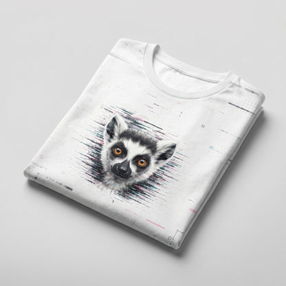 White t-shirt with a lemur design on a gray background