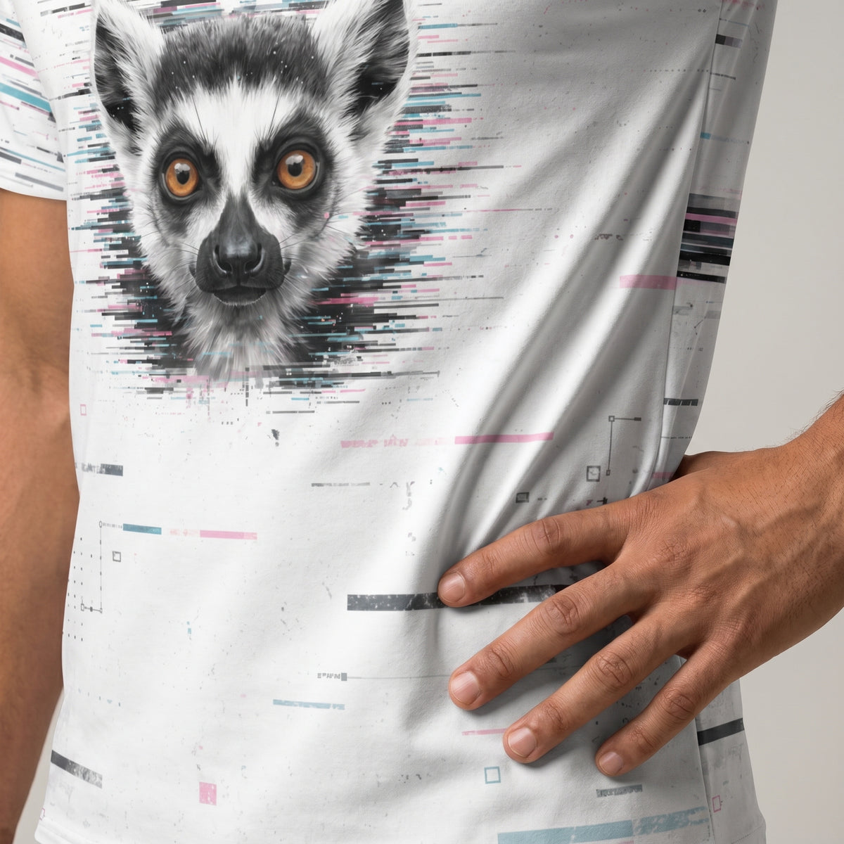 Person wearing a t-shirt with a lemur graphic design
