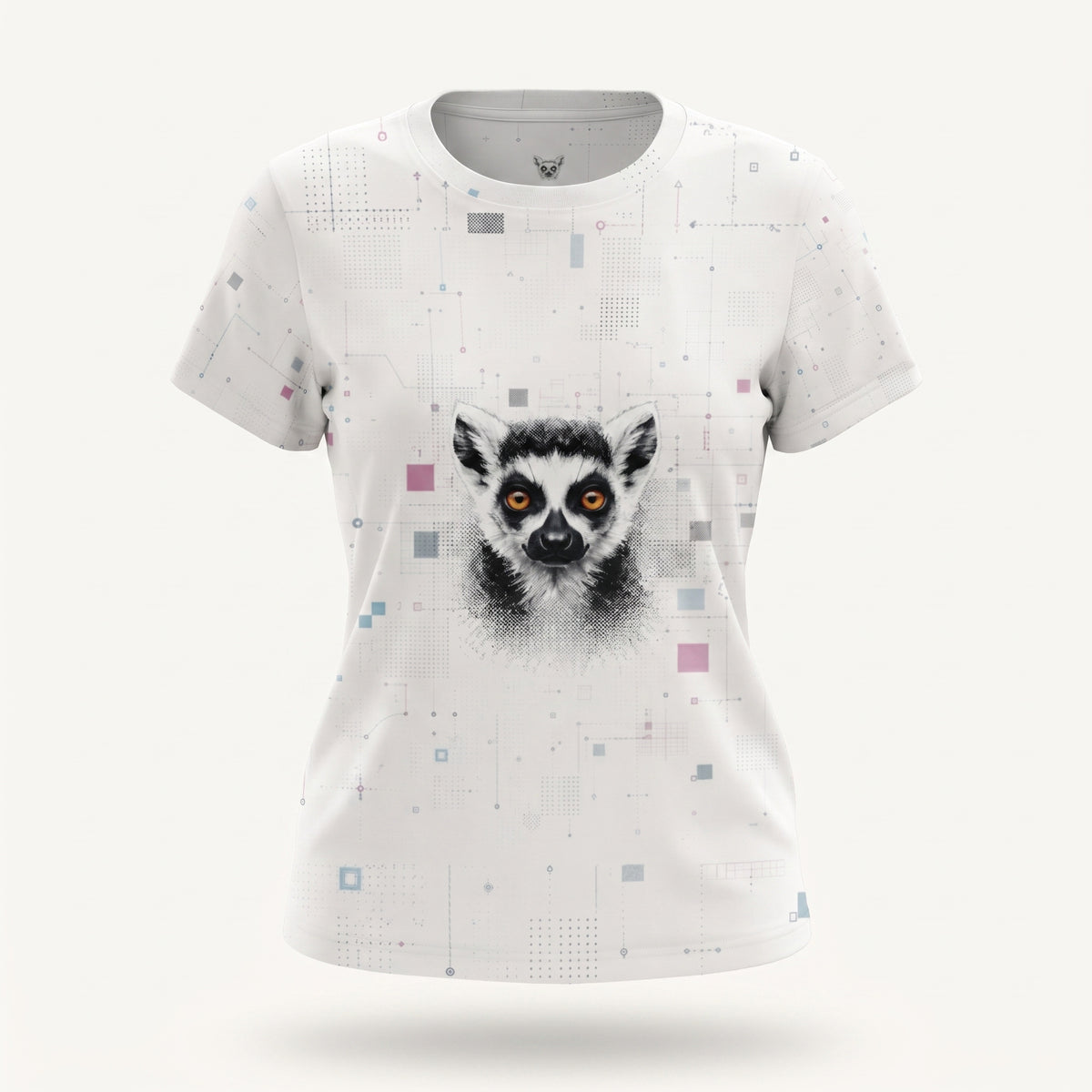 White t-shirt with a lemur graphic on a white background