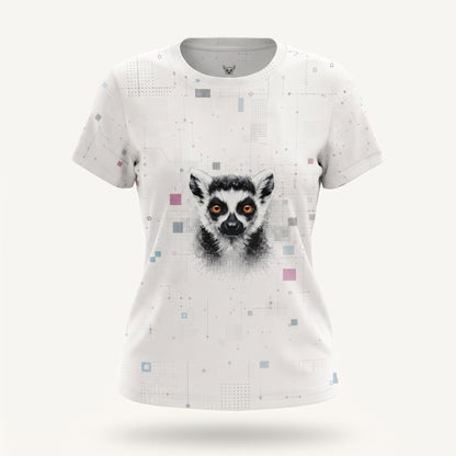 White t-shirt with a lemur graphic on a white background