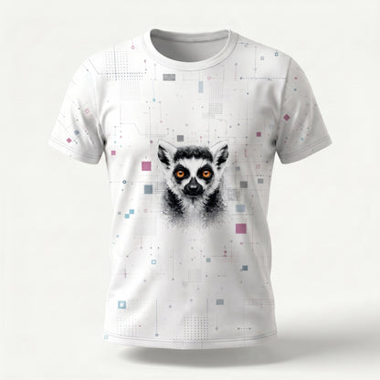 Puffed front view of SilverWEAR women’s Lemur T-shirt with lemur face graphic and soft geometric pastel animal print