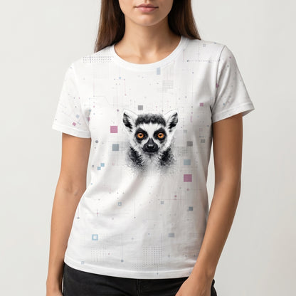 Person wearing a white t-shirt with a lemur graphic on a plain background
