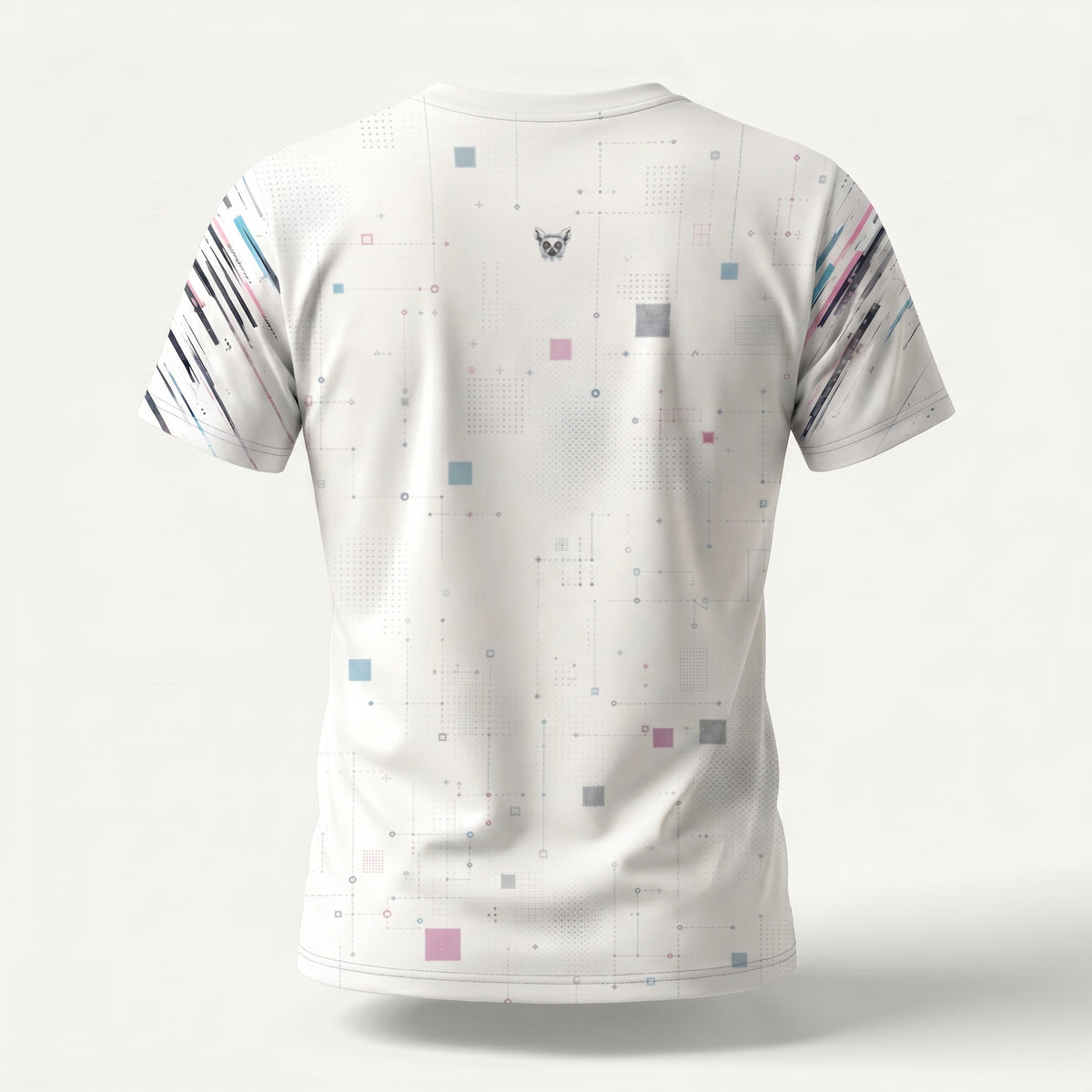 White t-shirt with colorful geometric pattern on a white background
