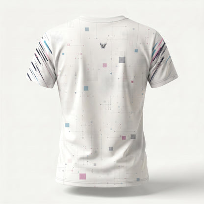 White t-shirt with colorful geometric pattern on a white background
