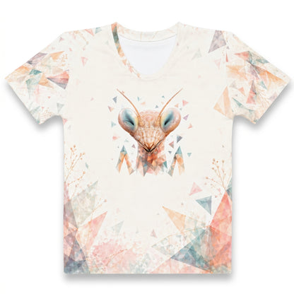 SilverWEAR Soft Predator mantis women’s T-shirt, full front product view on a light studio background.
