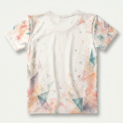 White t-shirt with colorful geometric triangle pattern on a white background