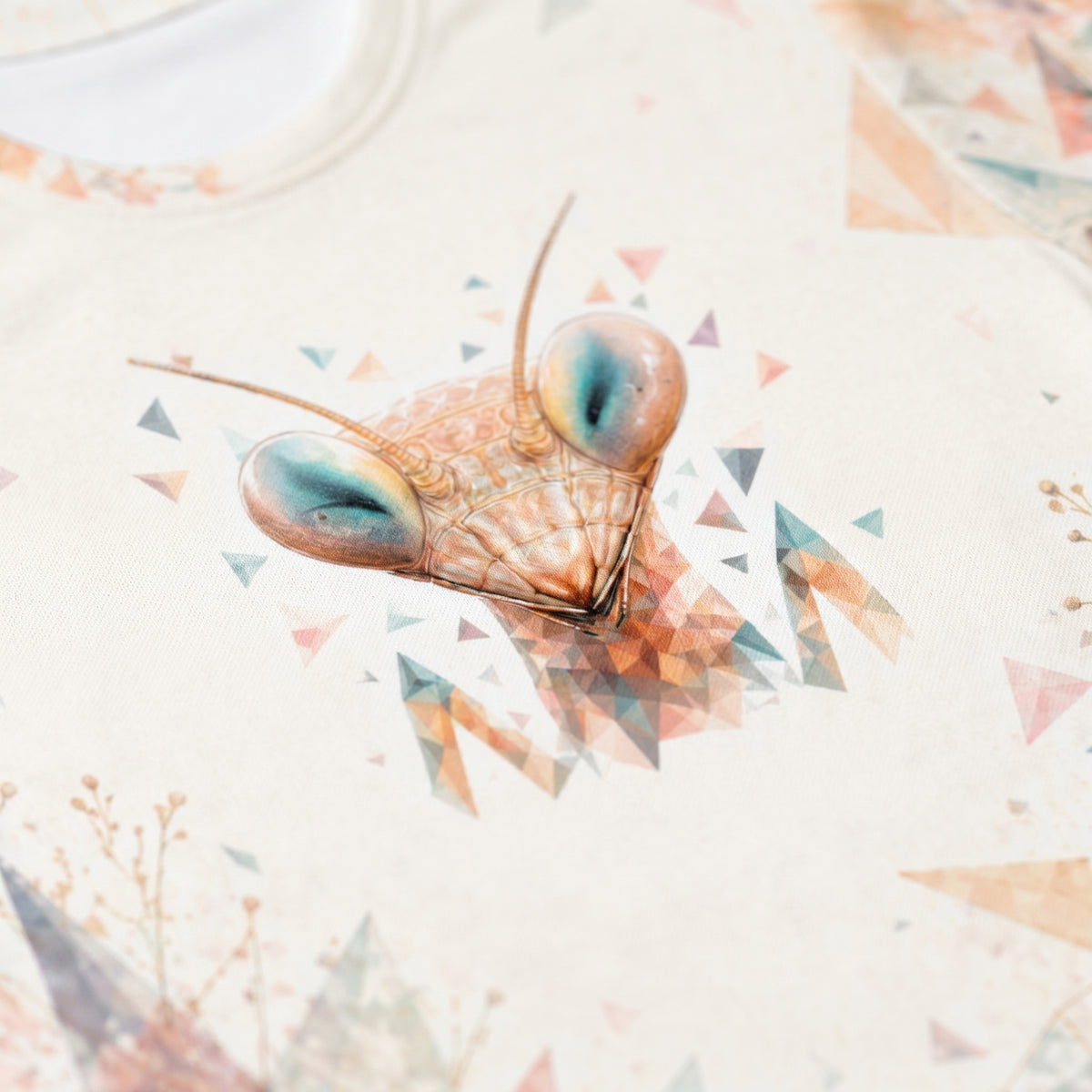 Close-up of the mantis graphic print on the SilverWEAR women’s T-shirt fabric.