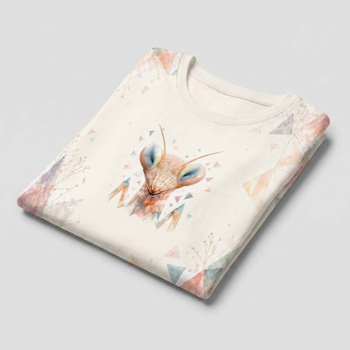 Folded t-shirt with a mantis design on a light gray background