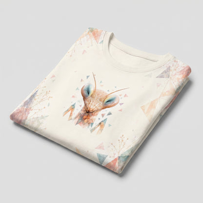 Folded t-shirt with a mantis design on a light gray background