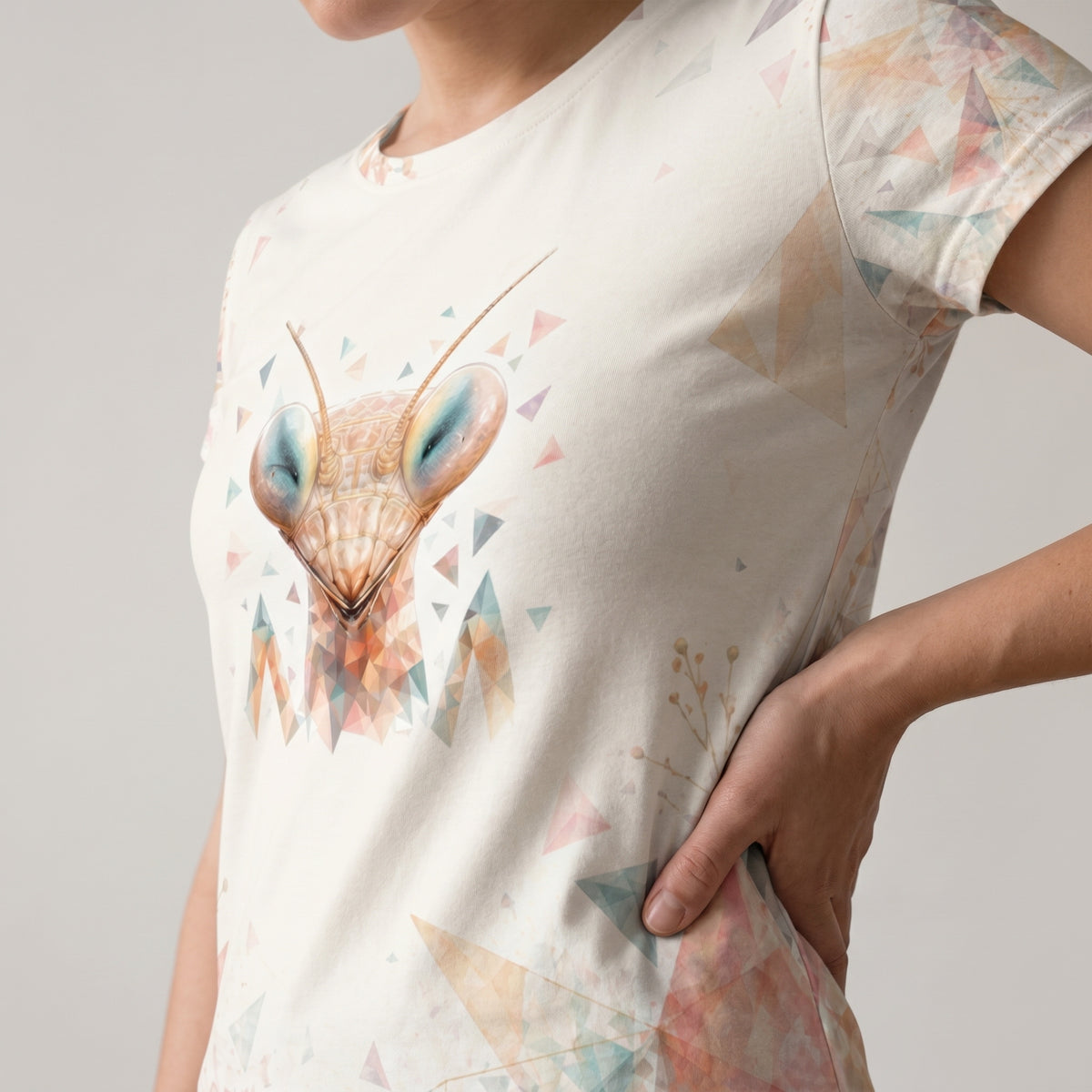 Cropped model shot showing the SilverWEAR mantis women’s T-shirt fit and front print placement.
