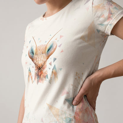 Cropped model shot showing the SilverWEAR mantis women’s T-shirt fit and front print placement.