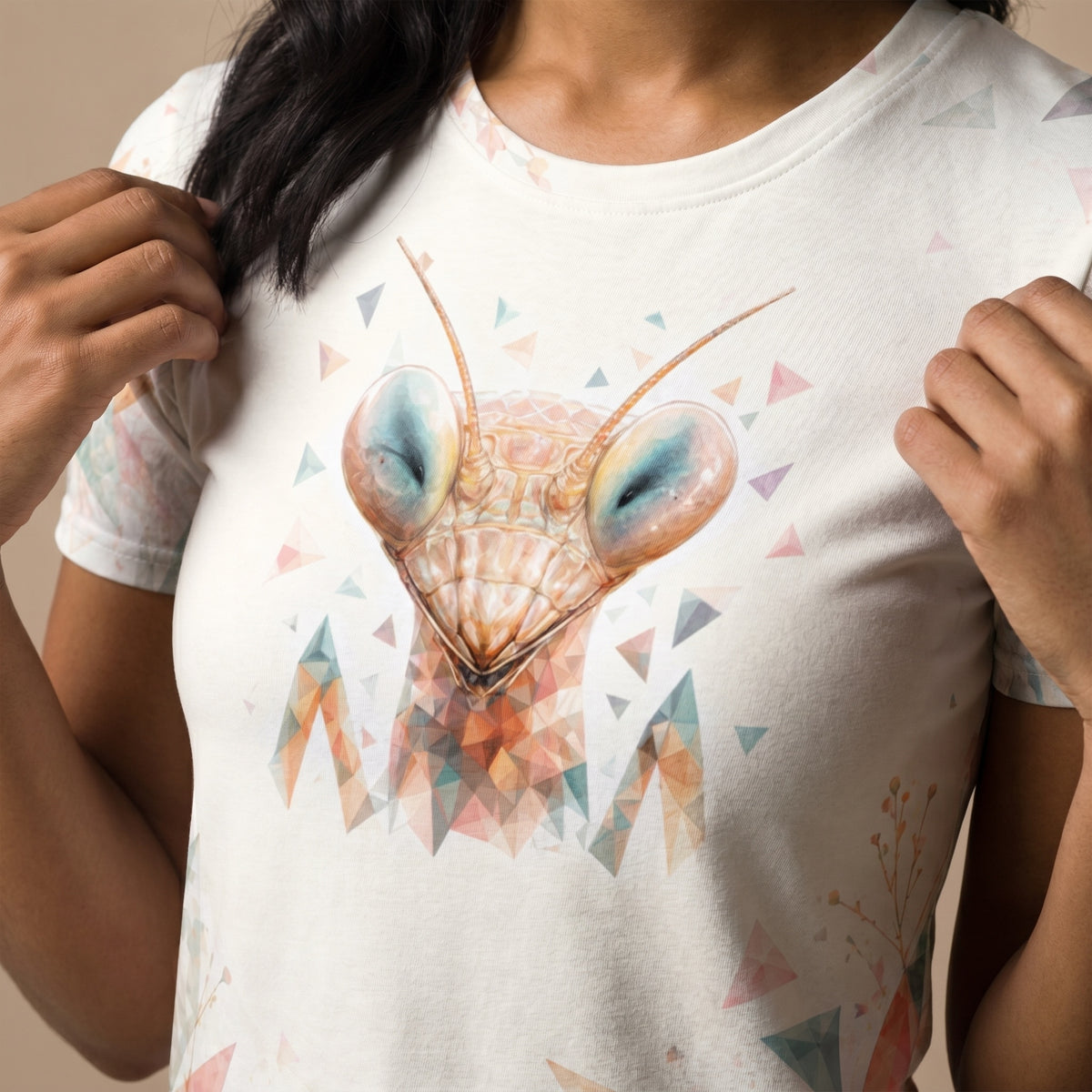 Cropped model shot showing the SilverWEAR mantis women’s T-shirt fit and front print placement.