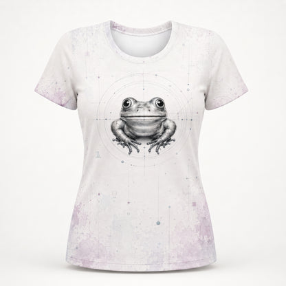 Puffed front view of SilverWEAR women’s Frog T-shirt with frog graphic and subtle circular signal pattern on light fabric