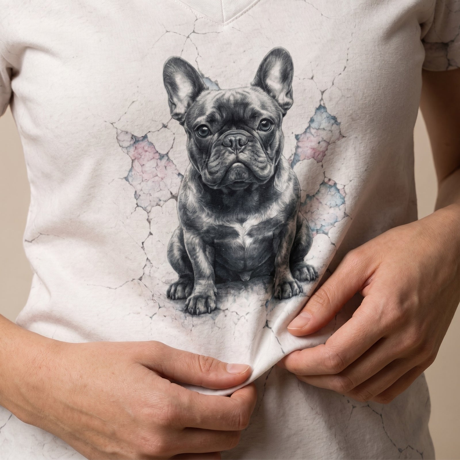 Person wearing a t-shirt with a graphic of a French Bulldog on a cracked surface design.