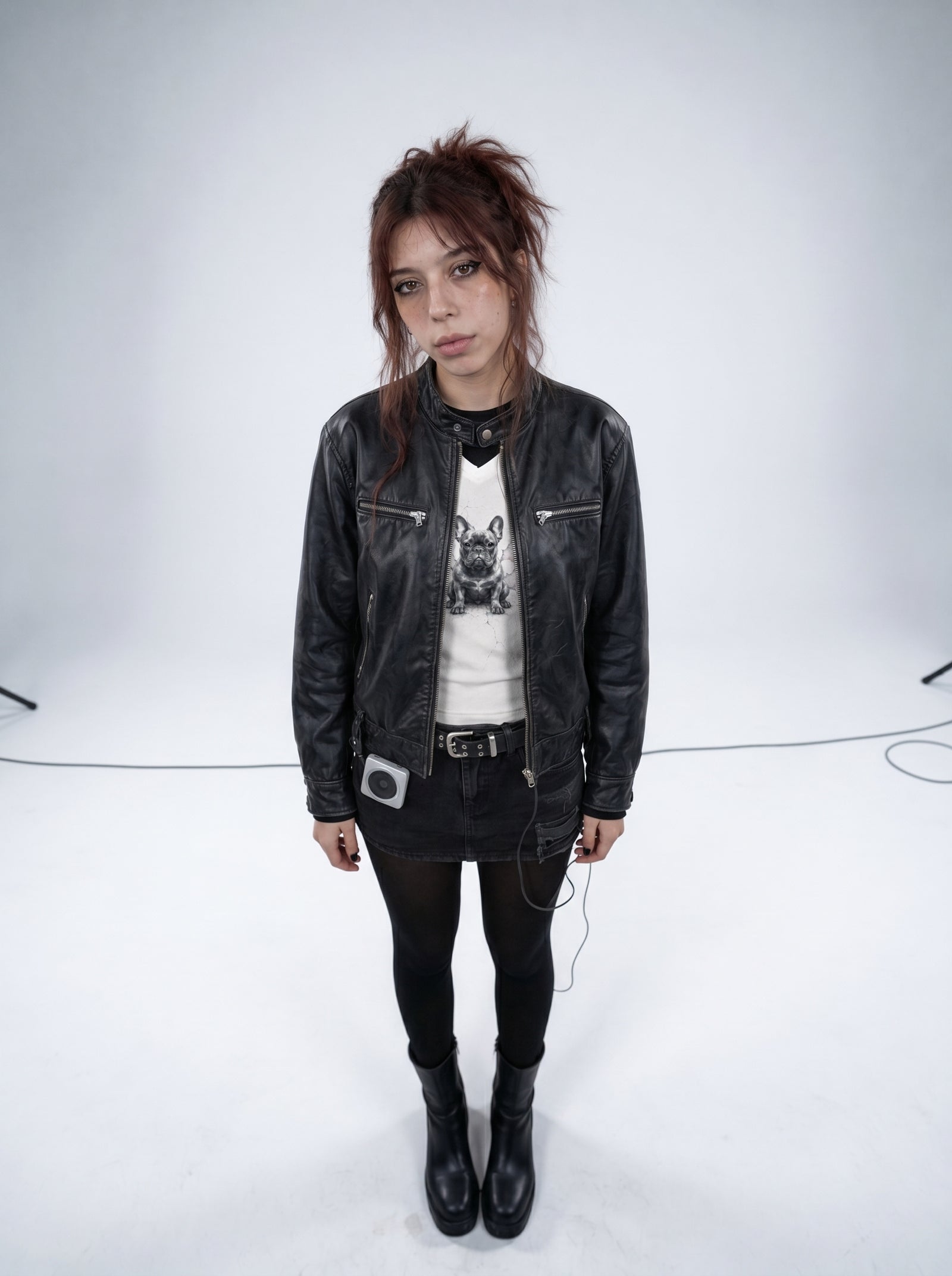 Person wearing a black leather jacket, graphic t-shirt, and black pants on a white background