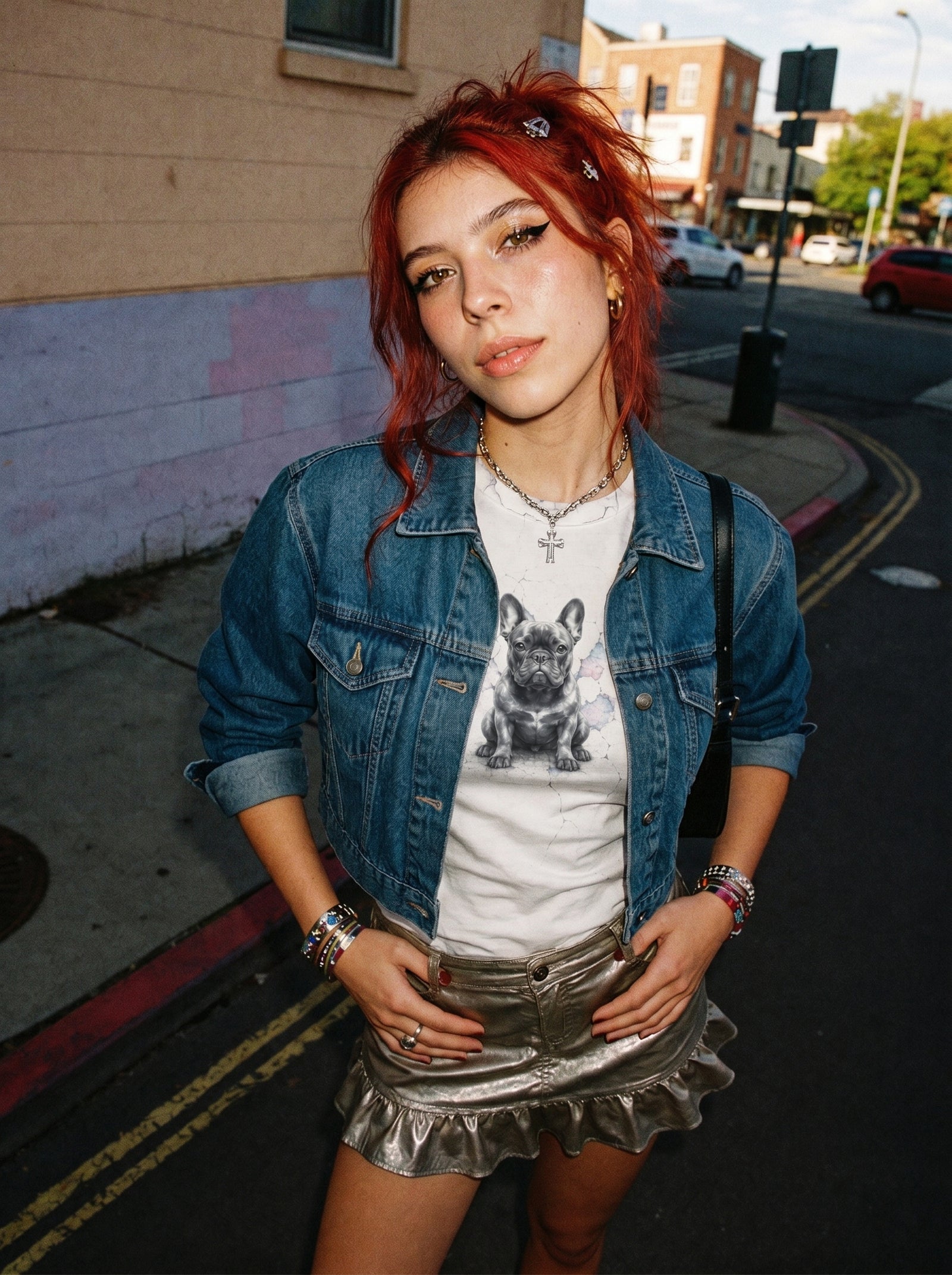 Person with red hair wearing a denim jacket and white t-shirt with a graphic design, standing on a street.