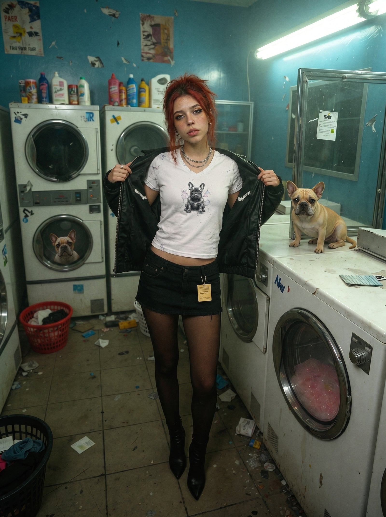 Woman in a laundromat with a dog on a washing machine